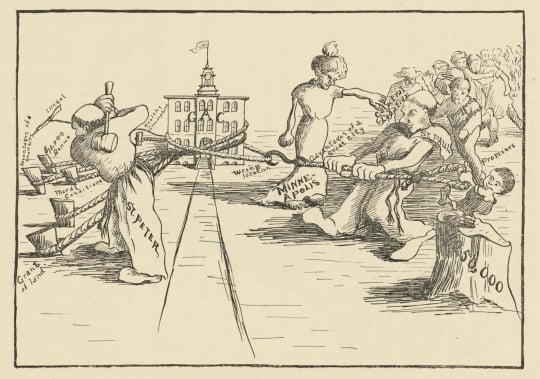 Cartoon showing the tug-of-war between the cities of Minneapolis and St. Peter for the location of the new Gustavus Adolphus College, from Manhem: Gustavus Adolphus Annual, 1904.