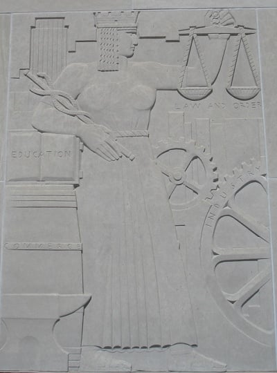 One of the panels of Lee Lawrie's Voice of the People relief sculpture flanking the south entrance doors of the St. Paul City Hall and Ramsey County Courthouse. Photographed by Paul Nelson on April 13, 2008.