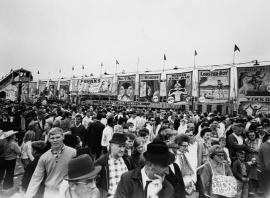 Black and white photograph of crowds at the Midway, Minnesota State Fair, 1963,
