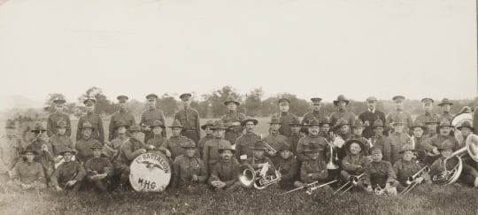 Black and white photograph of First Battalion, Minnesota Motor Corps Band at Camp Lakeview, Lake City, Minnesota, September, 1918.