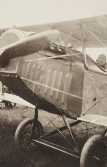 Black and white photograph of a Motor Corps airplane about to take off at Camp Lakeview, Lake City, Minnesota, September, 1918.