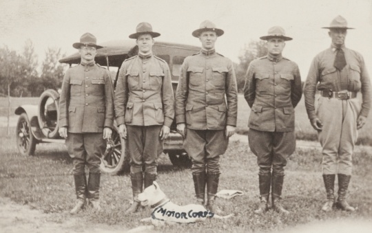 Black and white photograph of Reviewing officers at Motor Corps encampment, Fairmont, c.1918. (L to R) W.A. Curtis, Edward Karow, unidentified, unidentified, Motor Corps commander, Colonel W.A. Stephens.