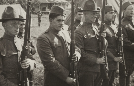 Black and white photograph of Motor Corpsmen presenting arms at Camp Lakeview, Lake City, Minnesota, September, 1918.