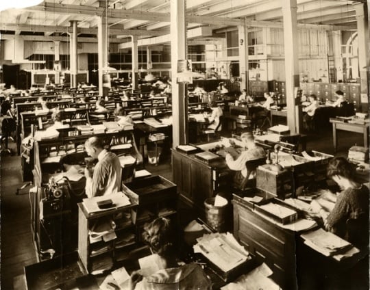 Black and white photograph of West Publishing Company editorial offices, c.1920s.