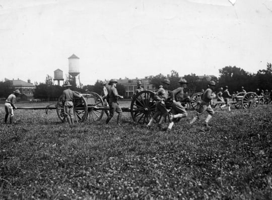 Black and white photograph of artillery maneuvers at the Officers’ Training Camp, Fort Snelling, 1917.