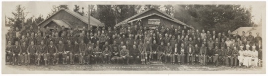 Panorama image of the Civilian Conservation Corps headquarters, Company 712, Gunflint Camp F-5, in Grand Marais, Minnesota. Photograph by George O. Mehl, April 15, 1934.