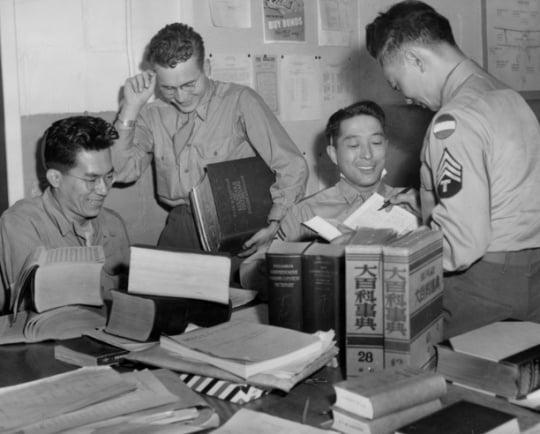 Black and white photograph of translators at the Military Intelligence Service Language School at Fort Snelling, 1945.