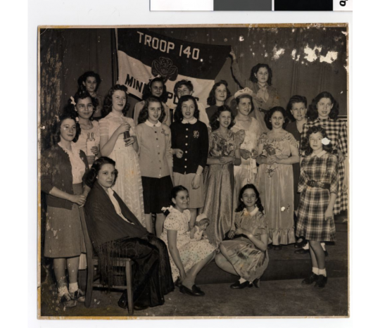 Black and white photograph of Emanuel Cohen Girl Scout Troop 140, Minneapolis, 1944.