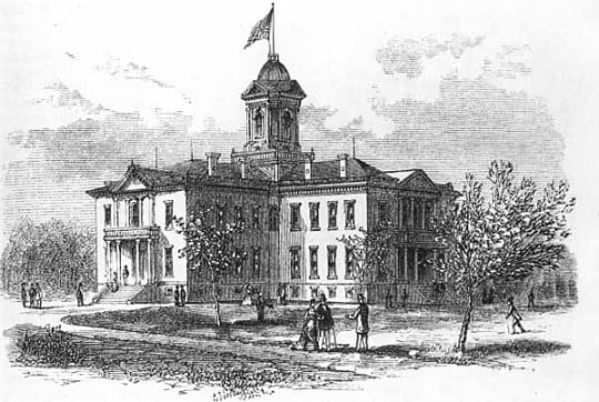 Illustration of the first State Capitol, Tenth and Wabasha, St. Paul, 1875, showing the 1873 addition. From, Harper's Monthly, October 1875, p. 629.