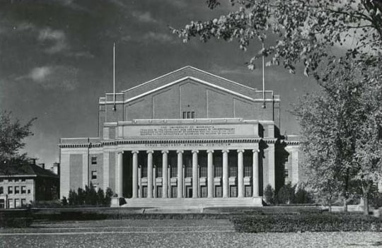 Black and white photograph of Northrop Auditorium, at the head of Northrop Mall, University of Minnesota Minneapolis campus, 1940.
