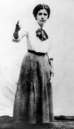 Black and white photograph of Elizabeth Gurley Flynn, c.1915. Flynn was an IWW organizer and speaker during the Mesabi Range Strike of 1916.
