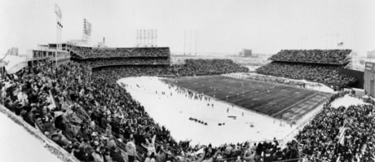 Black and white photograph of the last game at Metropolitan Stadium, Vikings versus Kansas City Chiefs, 1981.