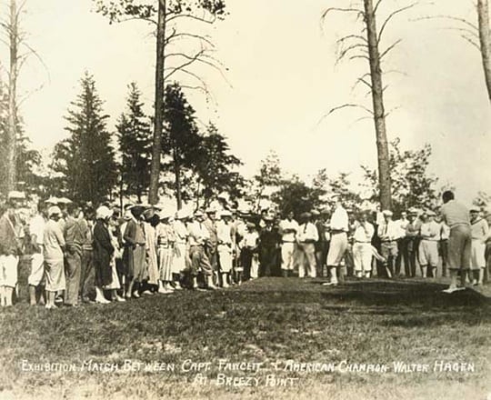 Photograph of an exhibition golf match between Wilford Captain Billy Fawcett and American champion Walter Hagen at Breezy Point Resort, 1926.