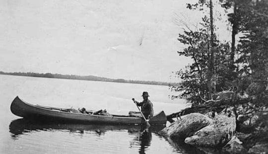 Black and white photograph of an early trip to what is now the Boundary Waters Canoe area, ca. 1916.