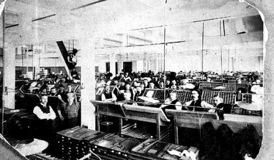 Black and white photograph of typesetters at West Publishing Company before the introduction of Linotype machines, 1885.