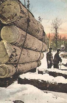 Colorized image of a sleigh load of big White Pine logs about to be tripped, Virginia and Rainy Lake County, Virginia, ca. 1920.
