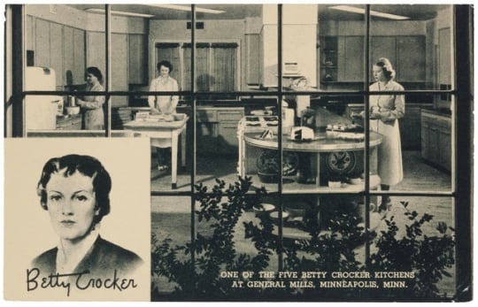 Black and white photograph of the Betty Crocker Test Kitchens, c.1950.