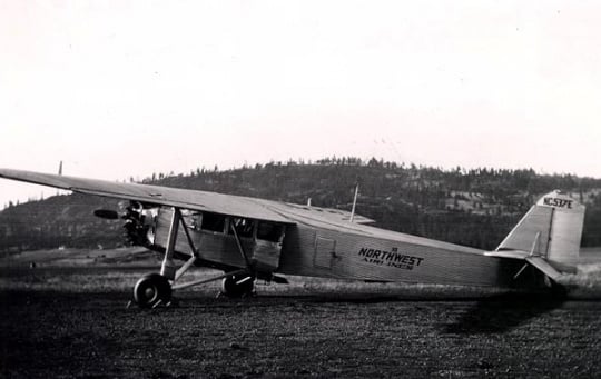 Black and white photograph of a Northwest Airlines monoplane, 1930. Photographed by Leo J. Kohn.