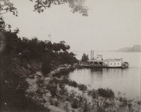 Black and white photograph of the steamer Ethel Howard, 1898. The Ethel Howard, shown here at Central Point, delivered the bodies of victims of the sinking of the Sea Wing to Red Wing in 1890.