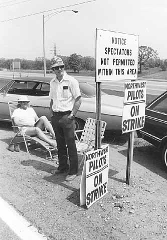 Black and white photograph of Northwest pilots on strike, 1978.