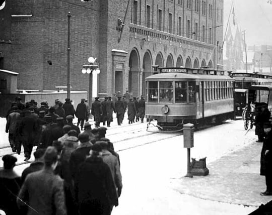 Black and white photograph of the Street Railway Company strike, 1917.