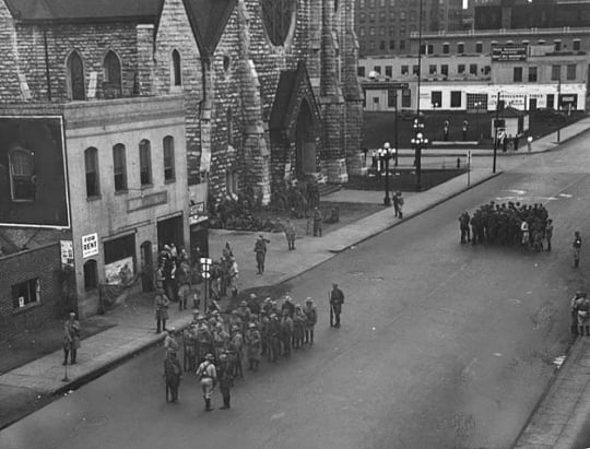 Black and white photograph of Strike headquarters, 1934.