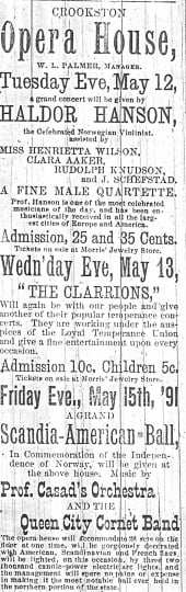 An advertisement in the Crookston Weekly Times for a performance by Norwegian violinist Haldor Hanson on May 13, 1891.