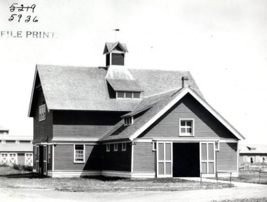 Black and white photograph of the horse barn at the Northwest Experiment Station.