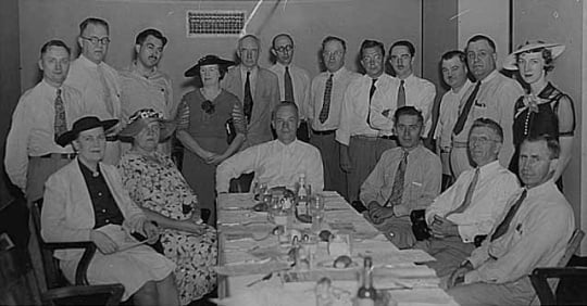 Black and white photograph of a progressives meeting, 1937.