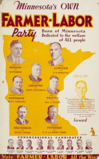 Color image of a poster titled, Minnesota's own Farmer-Labor party, 1936.
