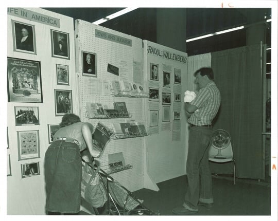 Black and white photograph of JCRC/ADL display at the Minnesota State Fair, c.1986.