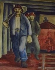 Color image of a detail view of Iron Ore Mine, Elsa Jemne’s mural for the Ely Post office, 1940.