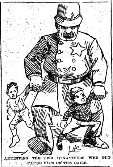 Black and white scan of Arresting the two young dynamiters who put paper caps on the rails. Minneapolis Journal, April 18, 1889.