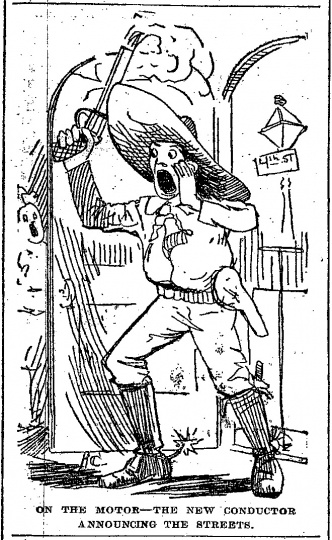 Black and white scan of On the motor – the new conductor announcing the streets. Minneapolis Journal, April 20, 1889.