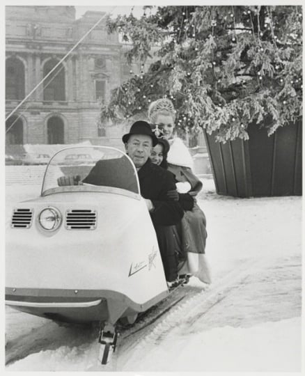 Governor Karl Rolvaag with St. Paul Winter Carnival Queen of the Snows Jean Williams and Minneapolis Aquatennial Queen of the Lakes Karen Erlandson, riding a Polaris Colt on the grounds of the Minnesota State Capitol, 1967. From box 3 of the Karl F. Rolvaag papers (Government Records Collection, Minnesota Historical Society, St. Paul).