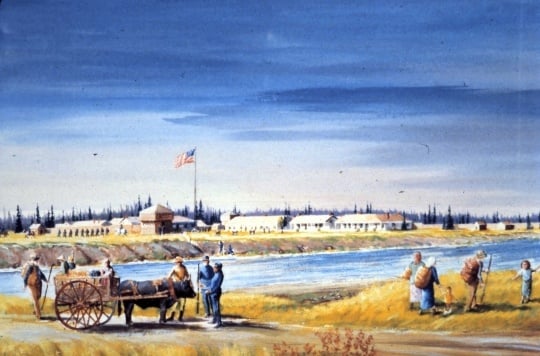 Watercolor of old Fort Ripley by Minnesota artist Paul S. Kramer (1919–2012). Painted in 1989 as a study for a larger oil painting that hangs in Camp Ripley’s post headquarters.