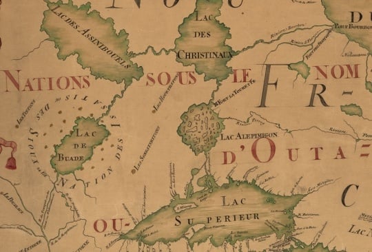 Detail view of a map made in 185 by Jean-Baptiste Louis Franquelin. Text surrounding Lake Mille Lacs (at center left, labelled here as Lac de Buade) identifies the area as inhabited by the Issatis, or Santee Dakota. The map provides some of the earliest extant textual evidence of a Dakota community at Lake Mille Lacs.