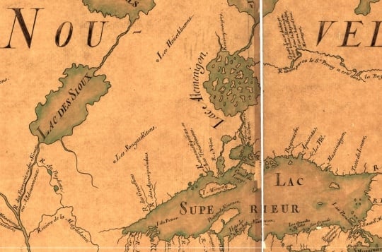 Detail view of a map made in 1685 by Jean-Baptiste Louis Franquelin. Lake Mille Lacs (at center left) is labelled as Lac des Sioux, suggesting that the area was known as a home for Dakota people as early as the seventeenth century.