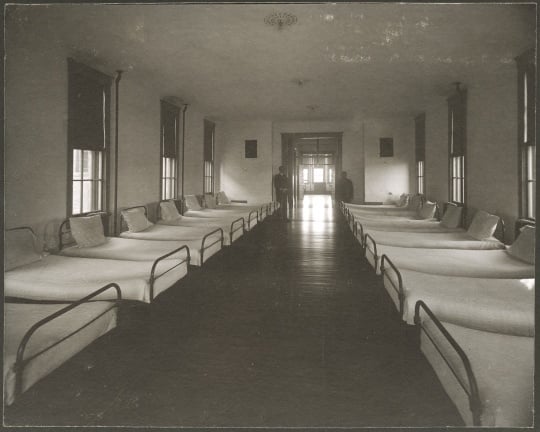 Interior view of a dormitory ward at the Anoka State Hospital, ca. 1910.