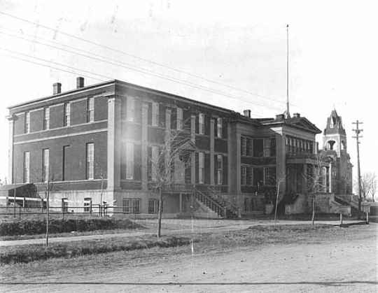 Black and white photograph of Turner Hall, 1895, site (outdoors) of the July 15, 1917, anti-draft rally.