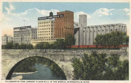 Colorized postcard depicting the Pillsbury milling complex, including the Pillsbury A Mill, ca. 1920.