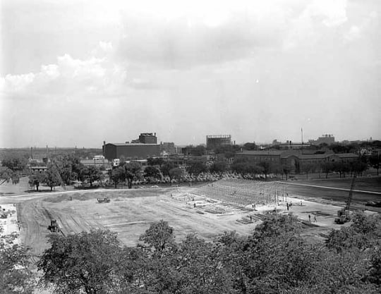Black and white photograph of construction of Parade Stadium, June 14, 1951.