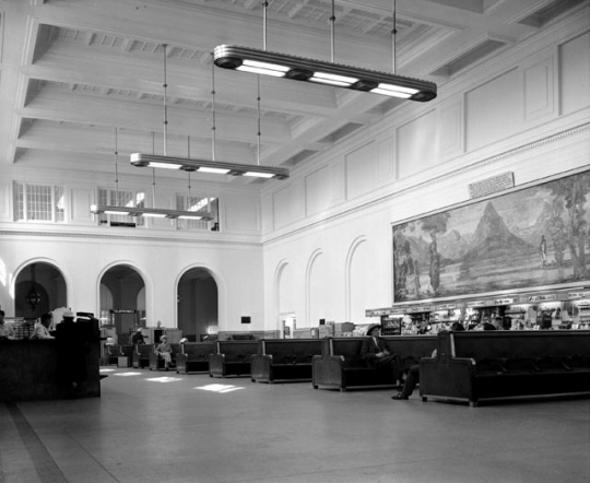 Black and white photograph of the interior of the Minneapolis Great Northern Depot waiting room, 1950.