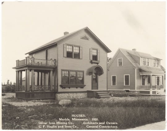 Oliver-built homes in Marble, Minnesota, 1920. The company designed and built homes in in the Canisteo District for employees to live in as they populated towns throughout the western Mesabi Range.