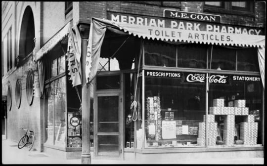 Merriam Park Pharmacy, St. Anthony and Prior Avenues, St. Paul, ca. 1910. This building was lost to construction of Interstate 94.