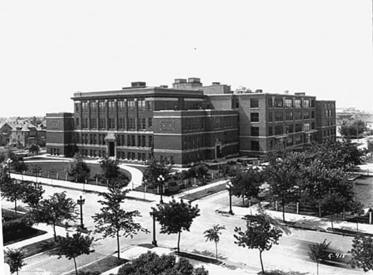 Black and white photograph of the high school in Virginia, Minnesota, ca. 1920.