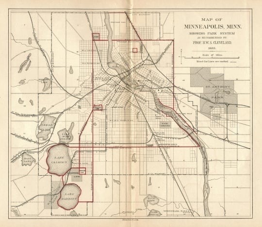 Map detailing Clevelands proposal for a system of parkways in Minneapolis, 1883.