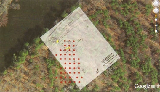 Google map of the Cadotte Post site with overlay of Douglas Birk’s 1972 sketch and an approximation of the location of the survey grid.