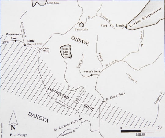 Sketch showing the approximate boundaries of the contested zone between the Ojibwe and the Dakota in the late 1700s.
