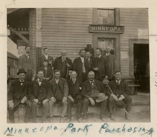 Black and white photograph showing the negotiating of the purchase of Minneopa State Park, October 13, 1905.